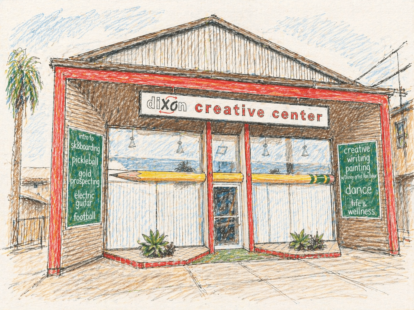 Hand-drawn illustration of the Dixon Creative Center building
